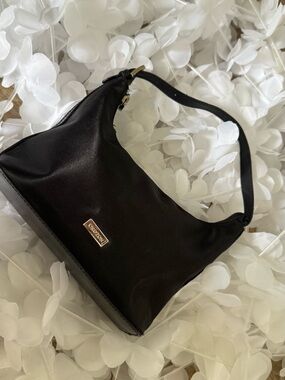 Oroton Black Nylon Shoulder Bag with Gold Plaque